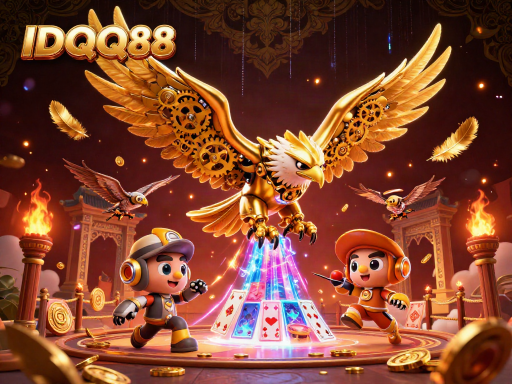 IDQQ88 showcases a thrilling dive of a cybernetic eagle amidst holographic cards and vibrant casino elements.