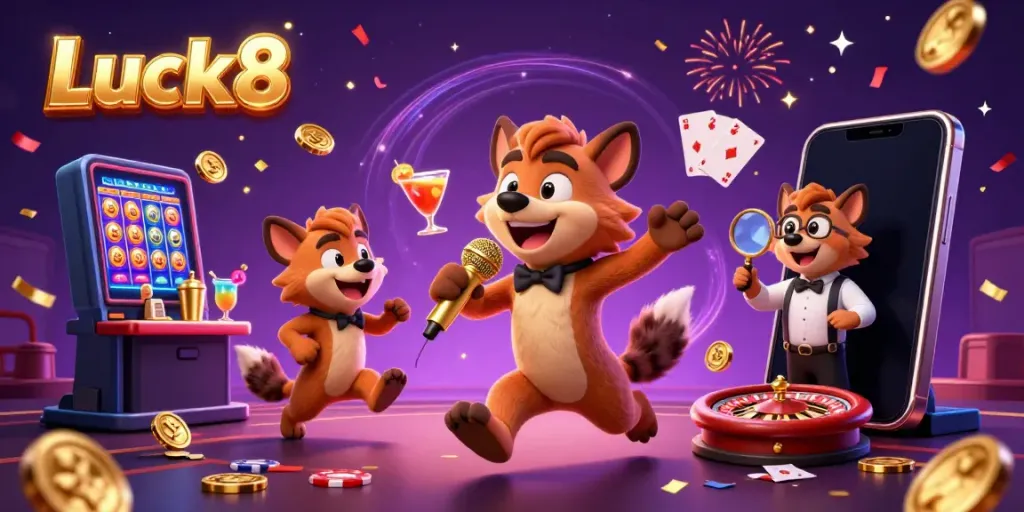 Luck8 invites players into a vibrant casino scene featuring 3 animated hyenas enjoying games and cocktails.