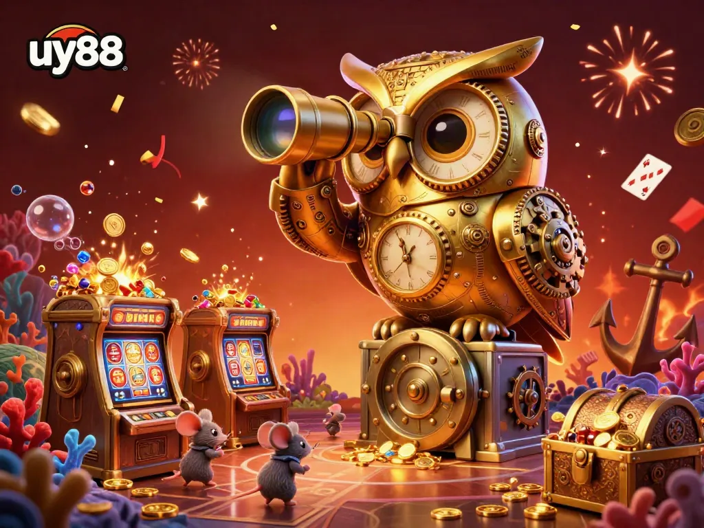 Experience the vibrant energy of uy88 as golden owl celebrates winnings at a casino, surrounded by dynamic treasure and festive effects.