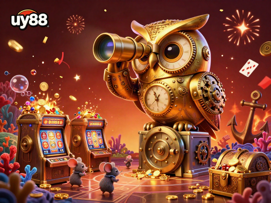 Experience the vibrant energy of uy88 as golden owl celebrates winnings at a casino, surrounded by dynamic treasure and festive effects.