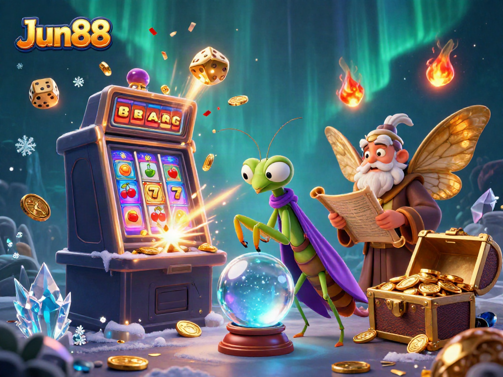 Engage with thrilling Jun88 casino experiences through a magical scene featuring gaming elements and fortune tellers.