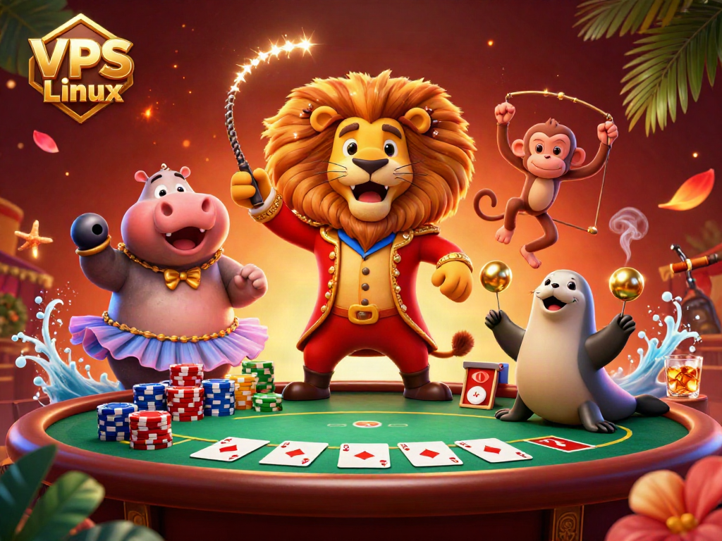 Engage with VPS Linux servers while enjoying a vibrant casino atmosphere featuring lively characters.