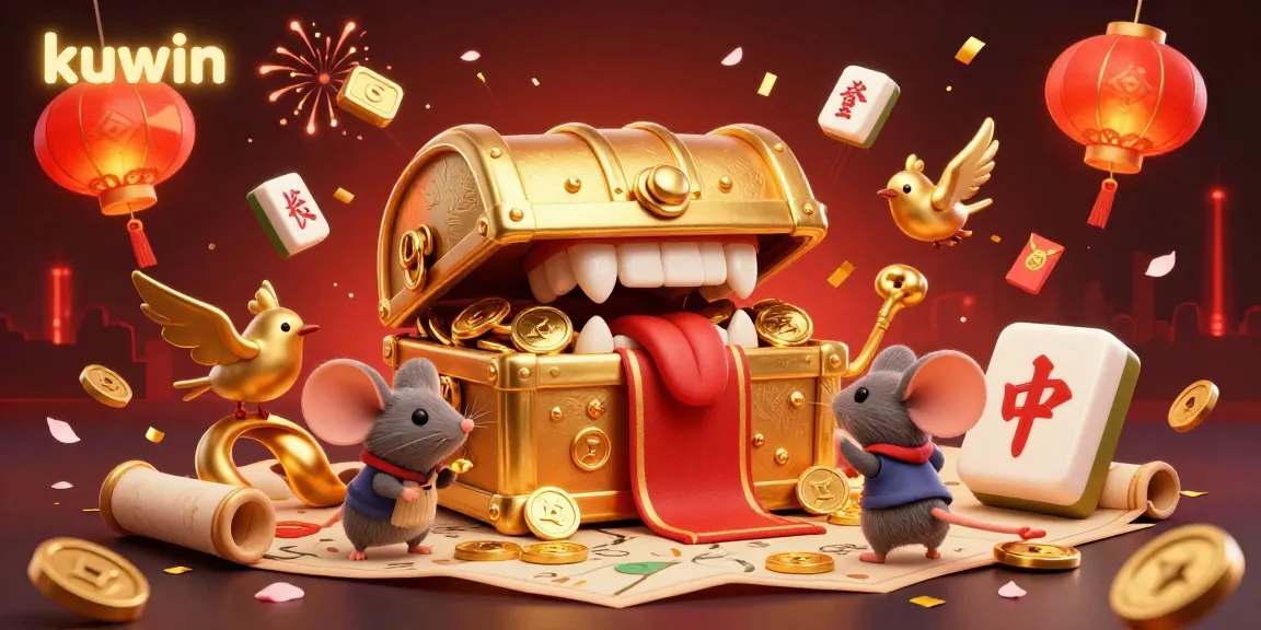 Engaging kuwin game scene featuring a treasure chest inviting adventurer mice amidst festive elements and vibrant colors.