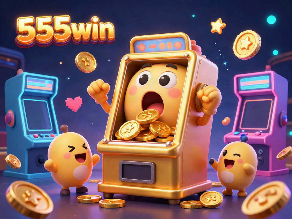 Experience thrilling gameplay with 555win's lively golden slot machine celebrating a jackpot surrounded by colorful arcade elements.