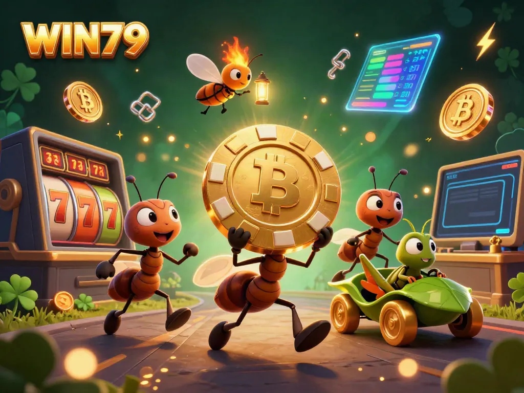 Join the action with WIN79 as cartoon ants hustle in a vibrant casino heist.