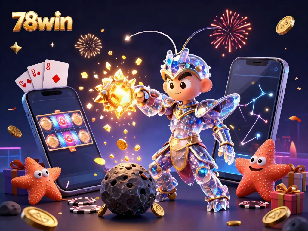 Engage with 78win in a vibrant 3D casino world where a galactic samurai shrimp and starfish celebrate winning treasures.