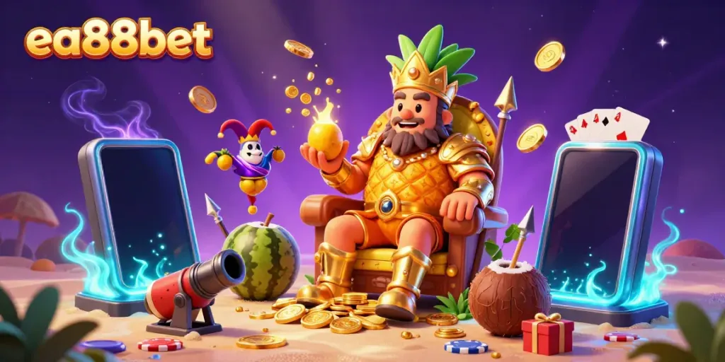 Engage with the vibrant ea88bet beach casino illustration showcasing a golden pineapple king and gaming elements.