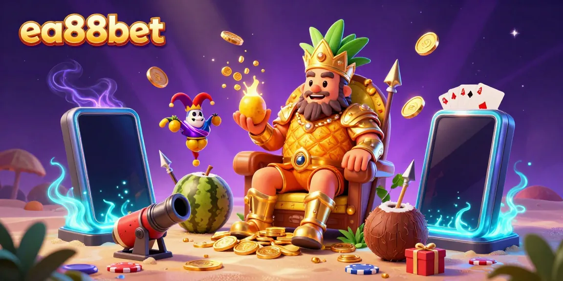 Engage with the vibrant ea88bet beach casino illustration showcasing a golden pineapple king and gaming elements.