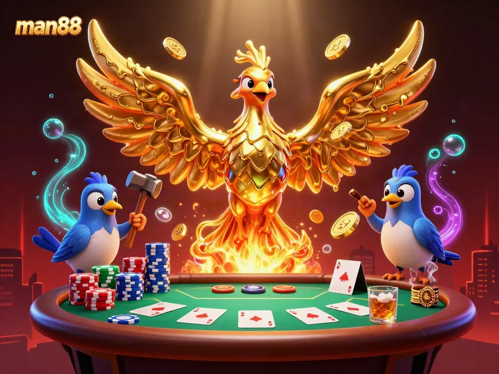 Engage in thrilling poker at man88 with vibrant gold phoenix and animated casino elements.