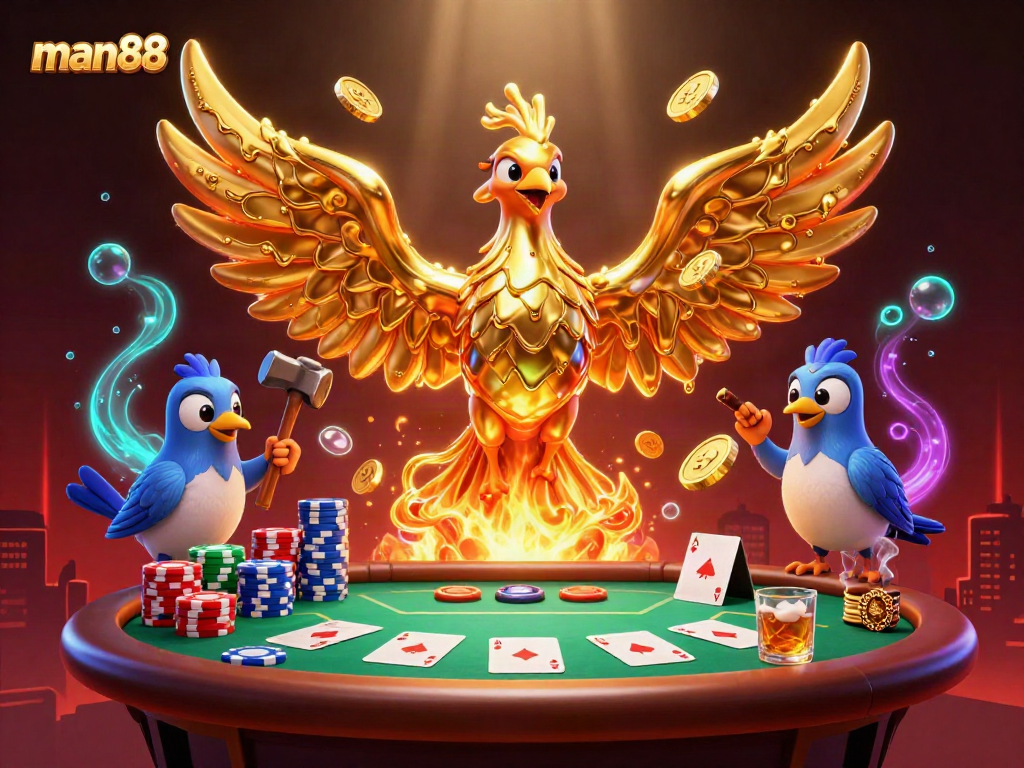 Engage in thrilling poker at man88 with vibrant gold phoenix and animated casino elements.