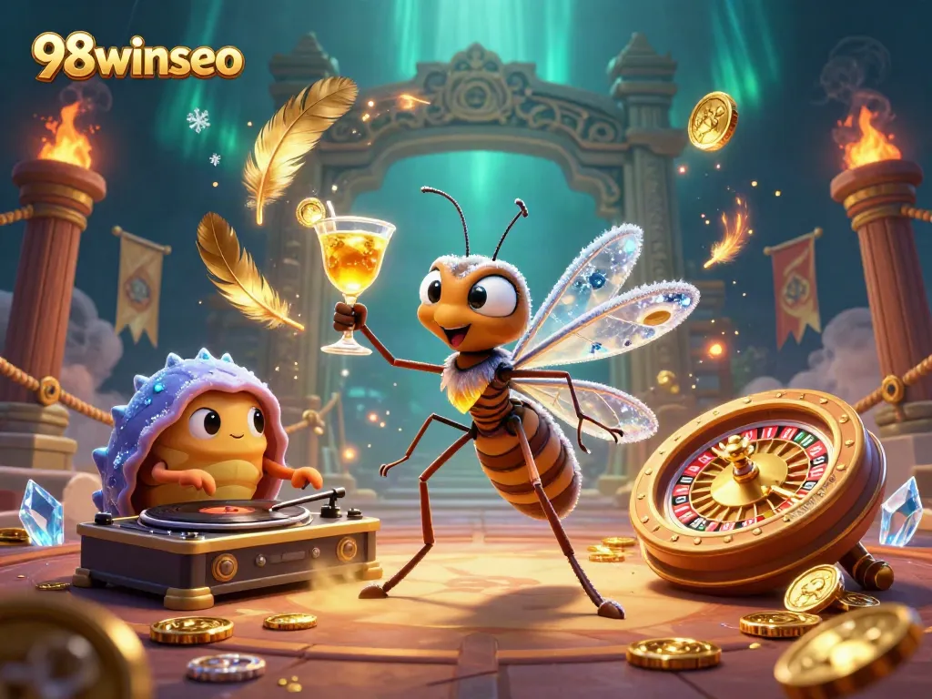 98winseo engages players with a vibrant 3D casino scene featuring interactive elements and unique characters.