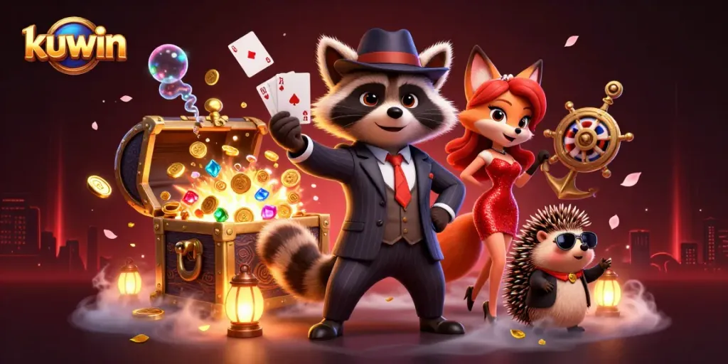 Kuwin casino scene with a suave raccoon, a charming fox, and a hedgehog bouncer, showcasing a royal flush hand and casino elements.