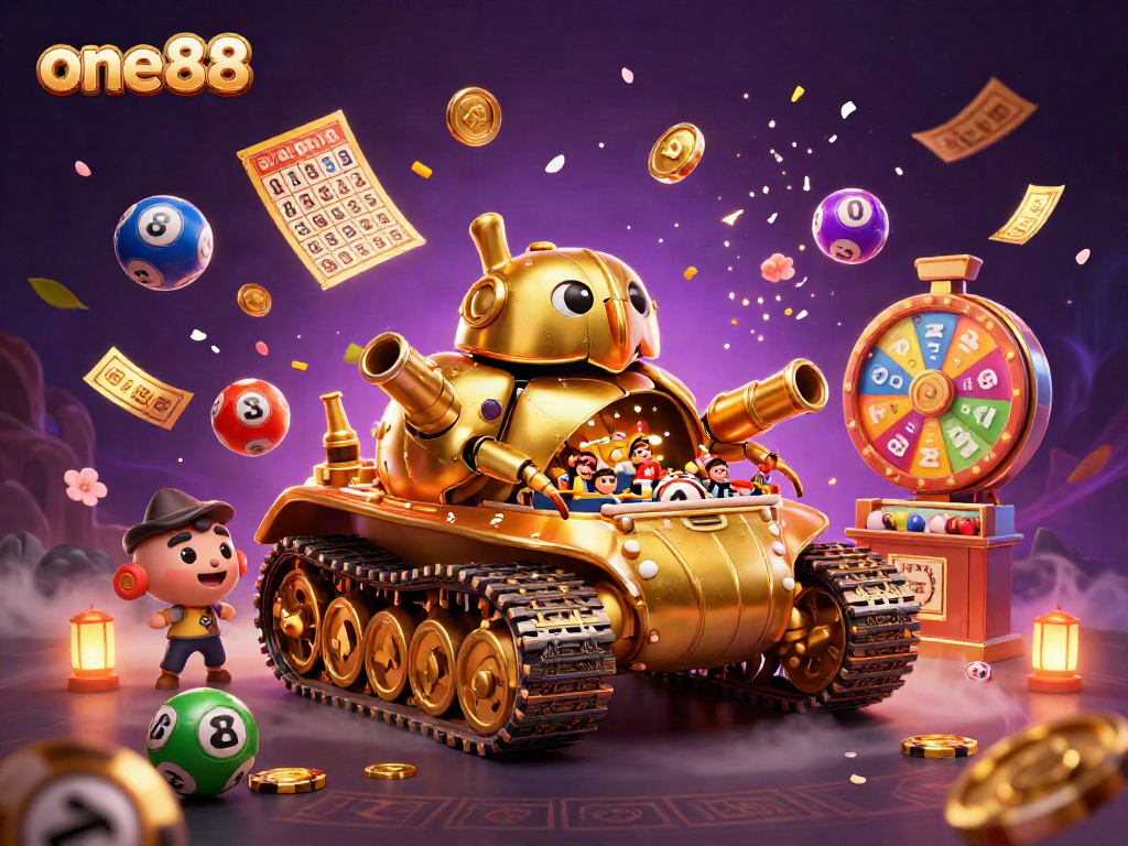 Engage in thrilling gaming with one88's cartoonish casino beetle tank, featuring playful lottery elements.