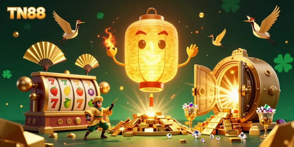 Experience thrilling casino excitement with TN88, as a giant golden lantern spirit illuminates the gaming scene.