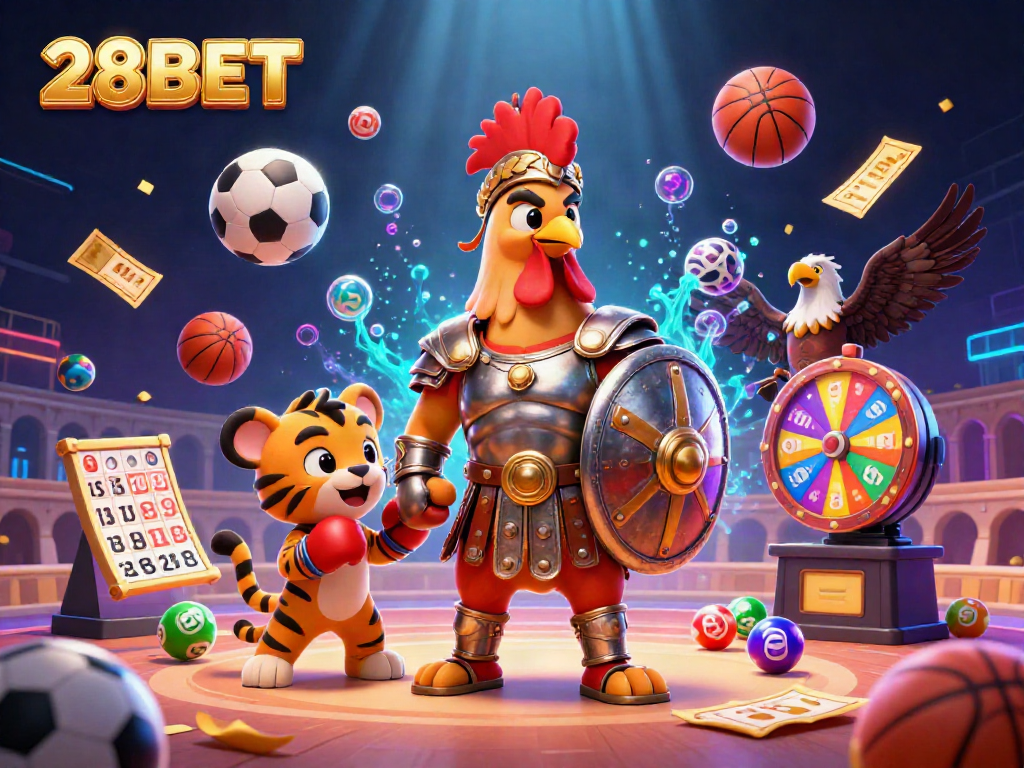 Bet on high-energy sports events with 28BET in a vibrant 3D casino action scene.