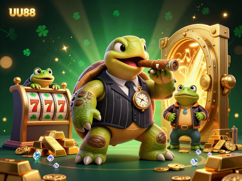 Experience UU88's thrilling slots with a lively turtle mobster and colorful casino treasures.