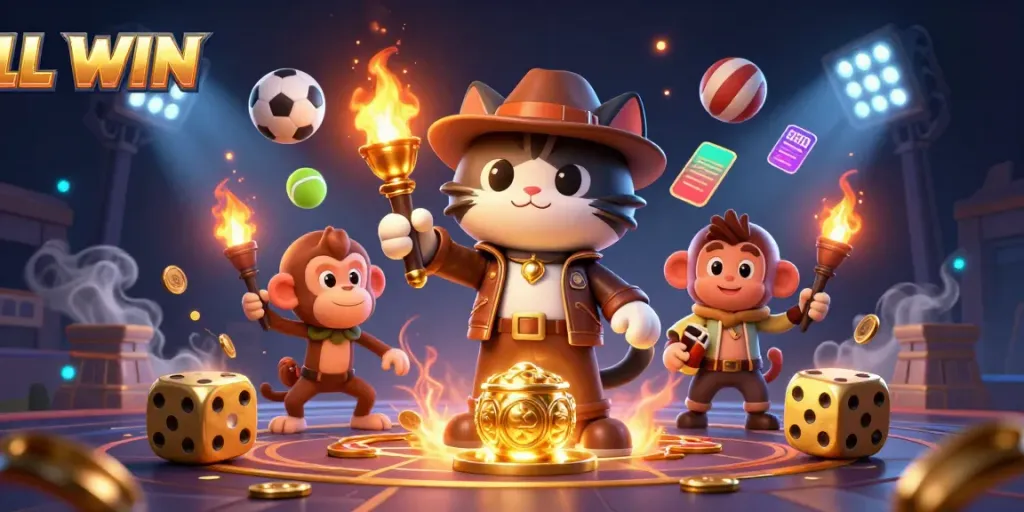 Experience thrilling wins at LL WIN with an exciting scene of a cat archaeologist discovering rich casino artifacts.