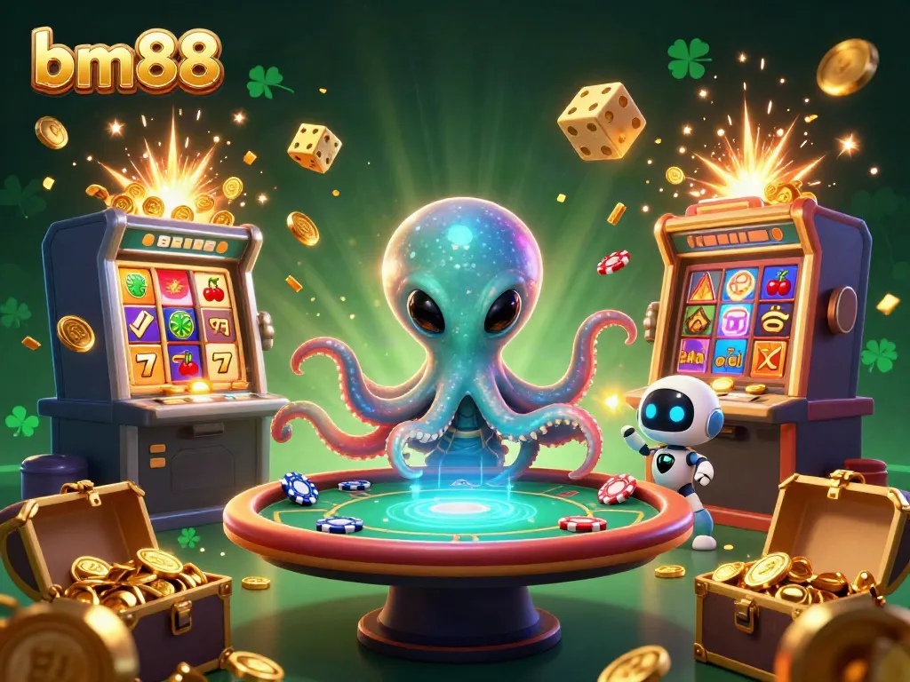 Experience excitement with bm88 as an alien octopus explores a vibrant casino universe.