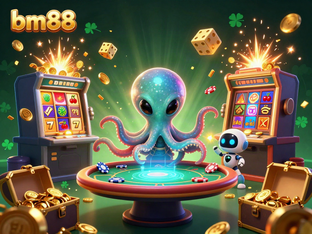 Experience excitement with bm88 as an alien octopus explores a vibrant casino universe.