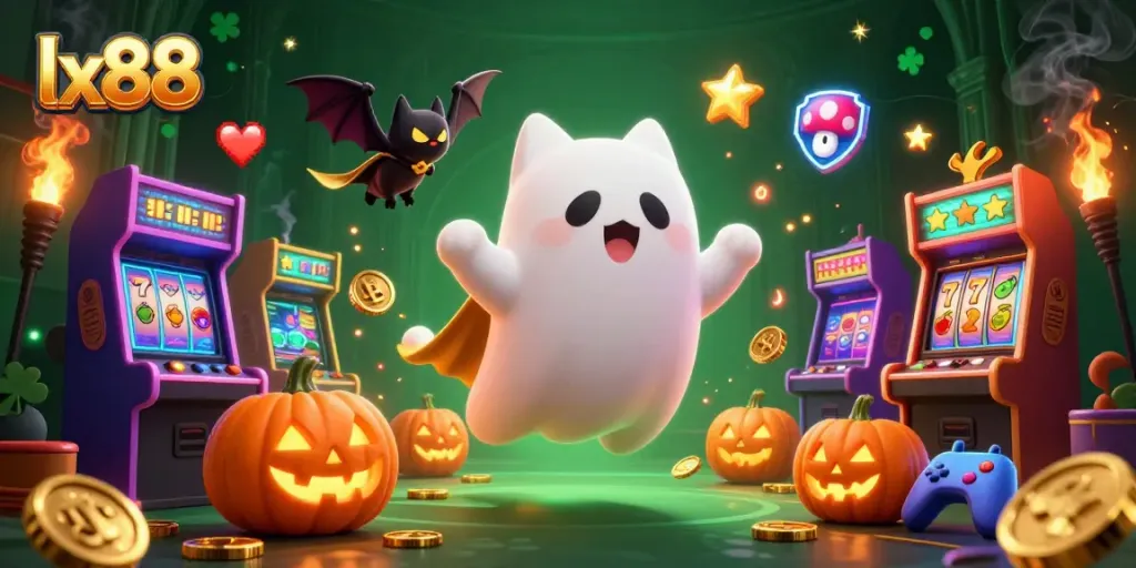 Experience the thrill of lx88 with a ghost cat and bat companion floating in a haunted casino scene.