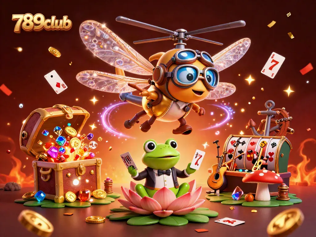 Join the excitement at 789club with a vibrant, animated casino scene featuring a dragonfly pilot and frog croupier.