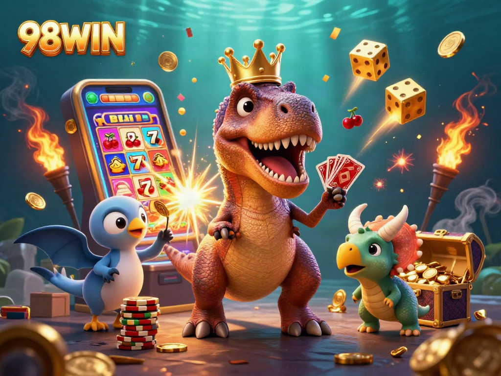 98WIN showcases an entertaining scene with a T-Rex, pterodactyl, and triceratops involved in casino fun.