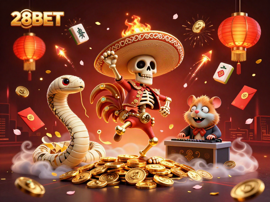 Join the victory dance at 28BET with dynamic characters and vibrant casino elements celebrating wins.