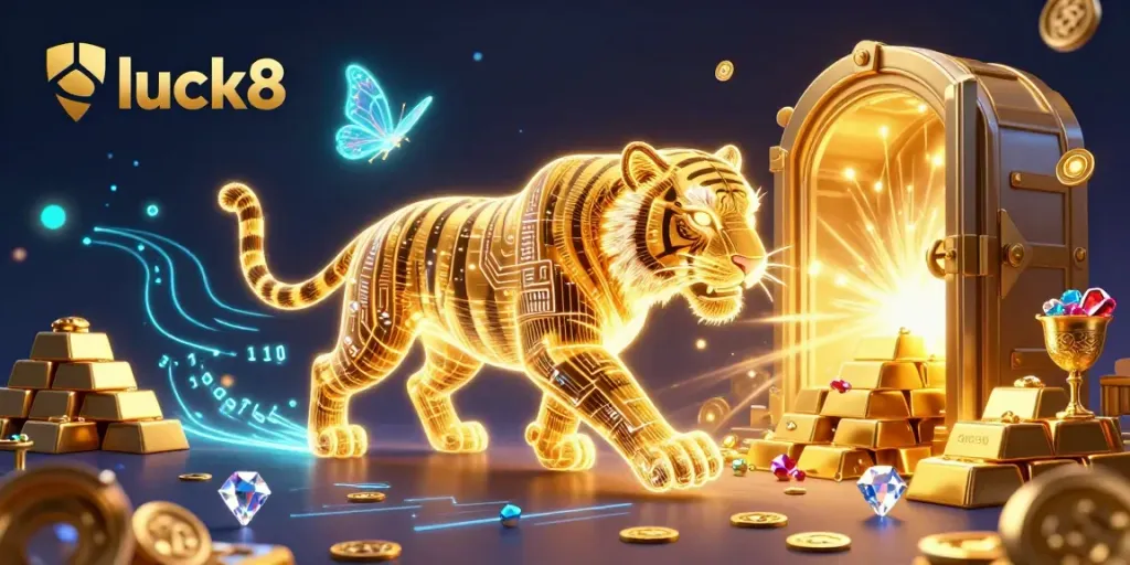 Experience the thrill of luck8 in a vibrant digital casino landscape featuring a neon-wireframe golden tiger surrounded by treasures.