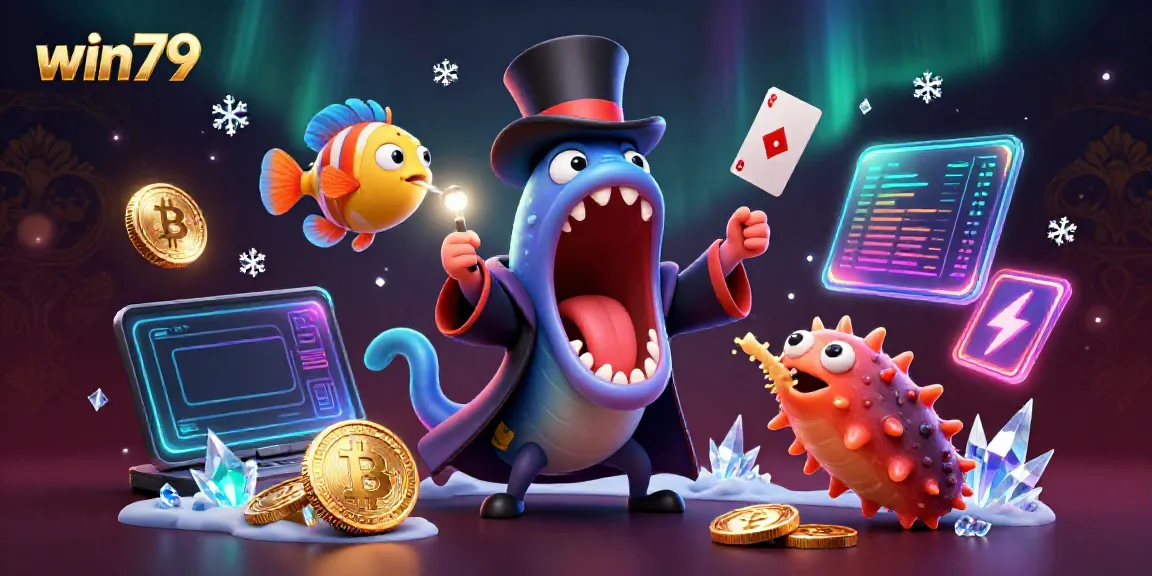 Play exciting games on win79 as a colorful eel performs card tricks in an underwater casino.
