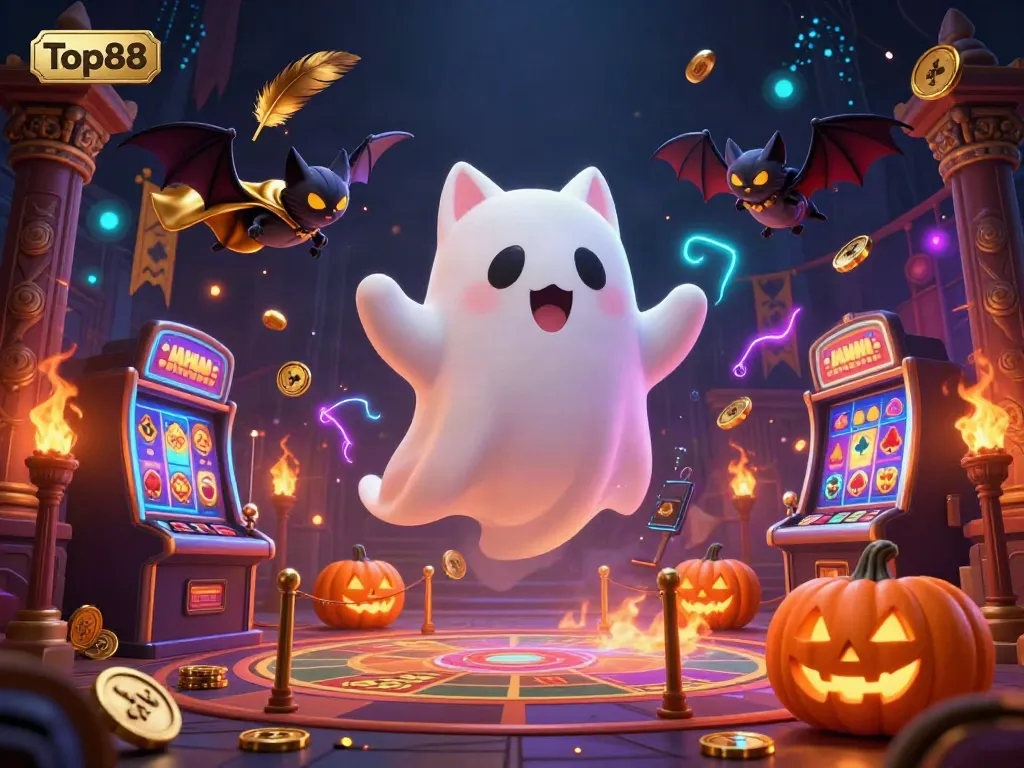 Experience the excitement at Top88 with a ghost cat and glowing jack-o-lanterns in a haunted casino setting.