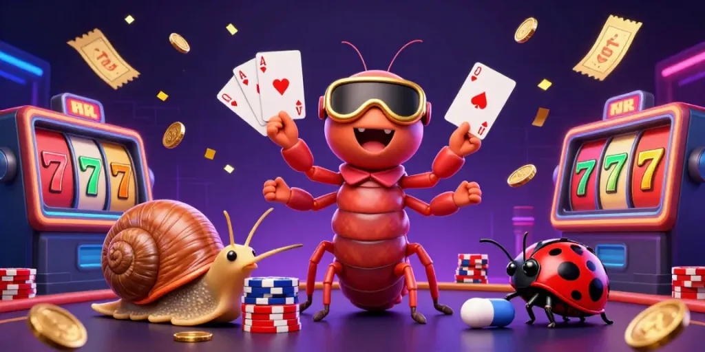 Win big with 777x in a lively casino scene featuring a millipede dealer and exciting slot elements.