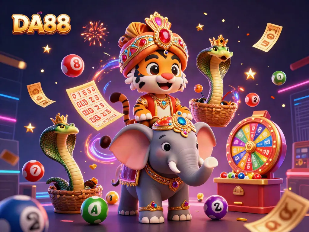 DA88 illuminates the vibrant excitement of casino games with a majestic maharaja and elephant.