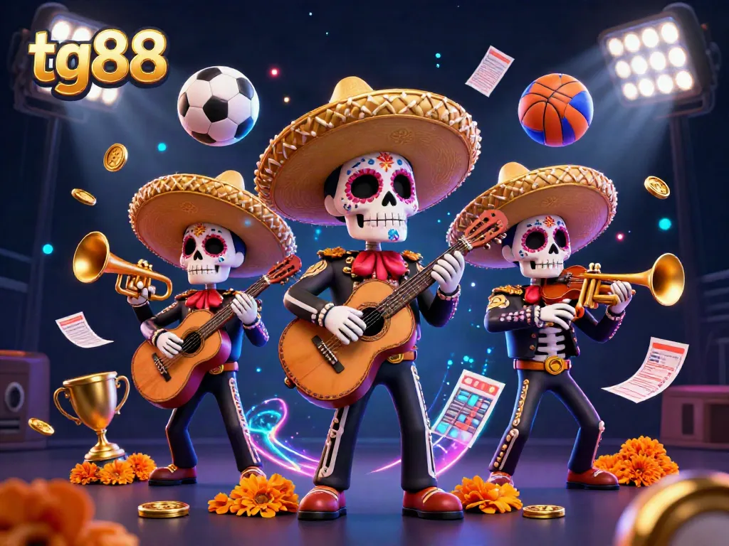 Experience wins at tg88 with a vibrant 3D illustration featuring a mariachi band and dynamic sports betting elements.
