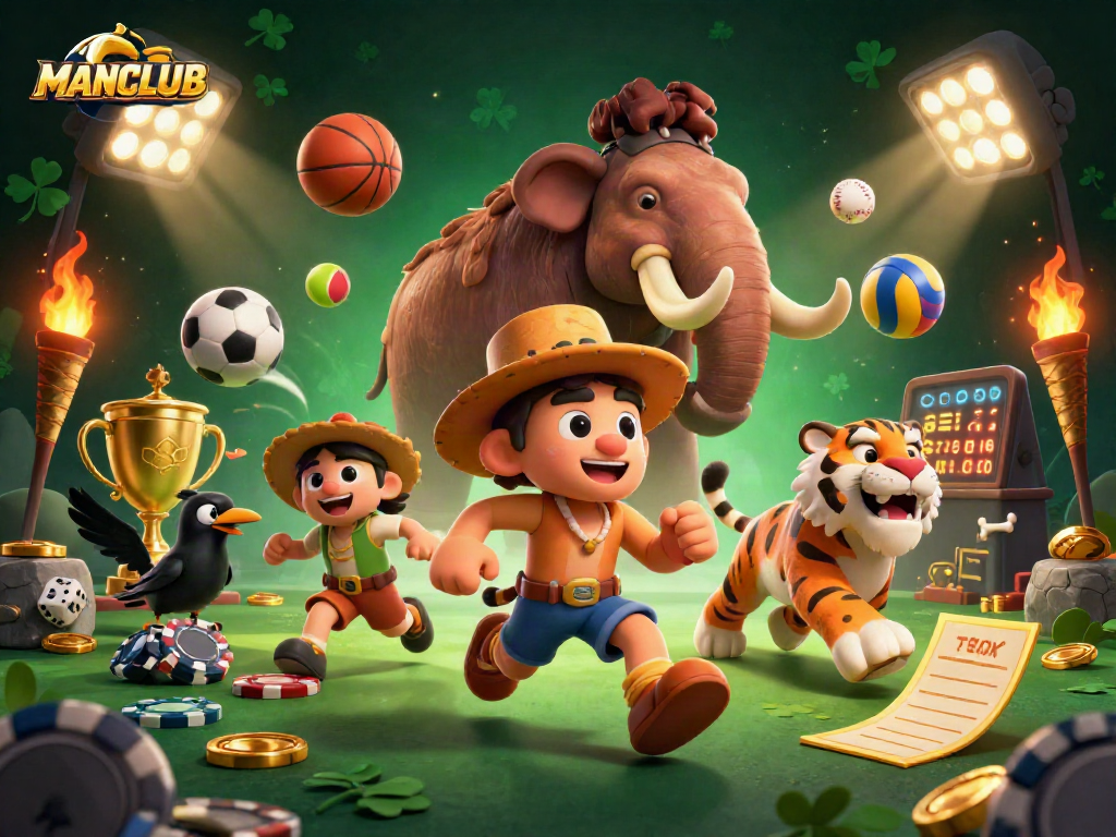MANCLUB showcases a dynamic prehistoric casino with characters and exciting sports betting elements.