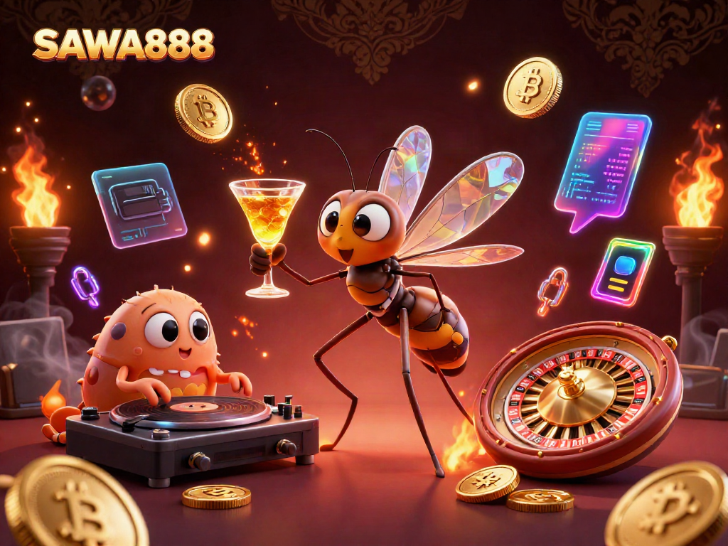 Experience exciting gaming at SAWA888 with a vibrant casino-themed scene featuring dynamic characters and rich elements.