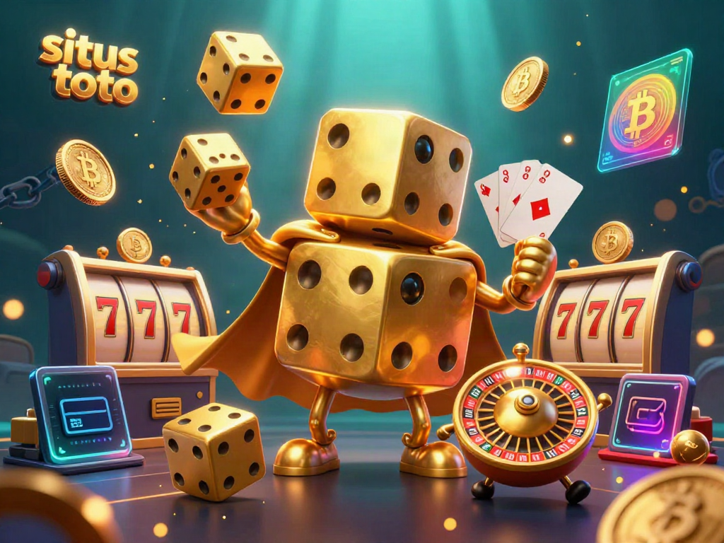 Ilustrasi situs toto yang menampilkan dadu emas raksasa dan elemen permainan slot yang menarik.