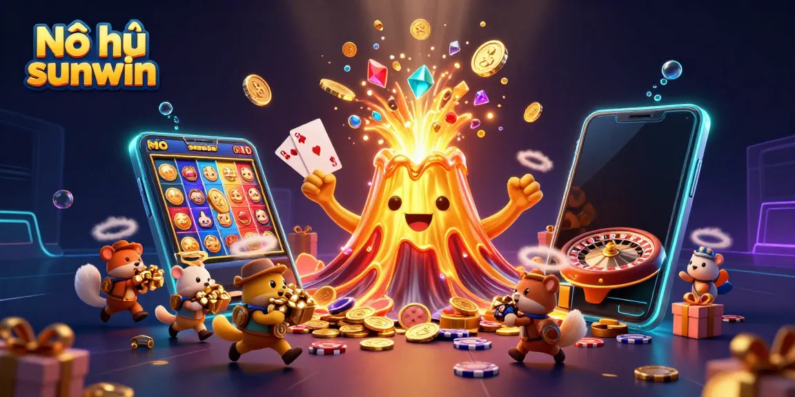 Experience the excitement of Nổ hũ sunwin with golden volcano erupting treasure amidst lively game symbols.