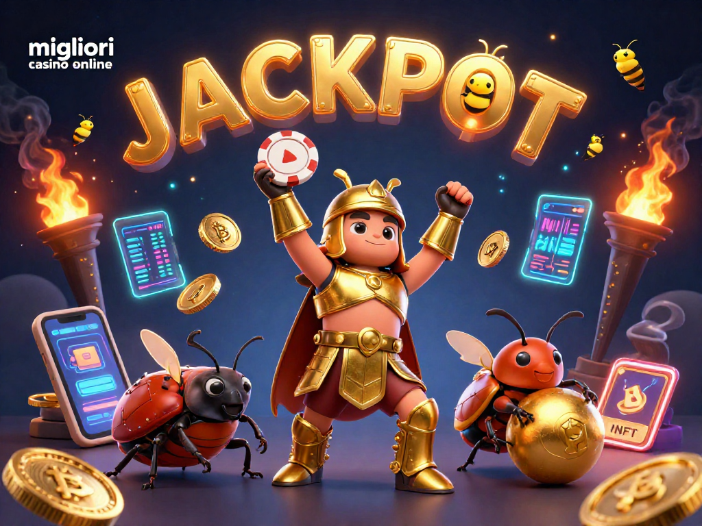 Scopri i migliori casino online con 3D cartoon hercules beetle che celebra vittorie mentre circondato da monete crypto e bonus.