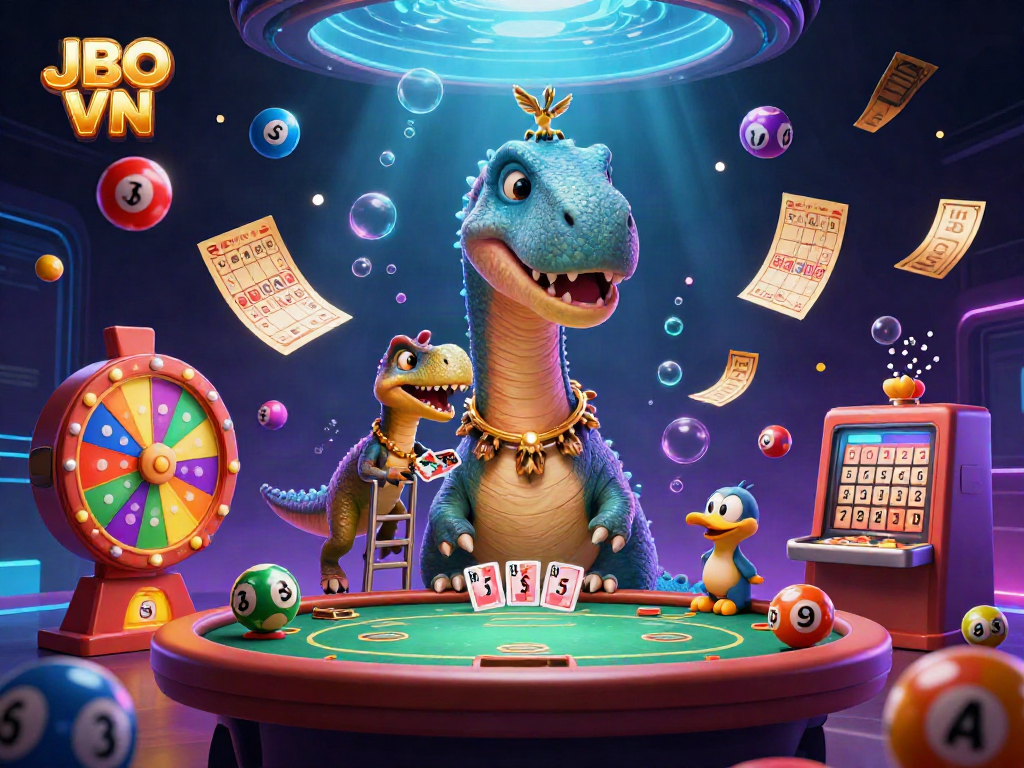 Engage with JBO VN as a giant brontosaurus towers over a poker table, bringing excitement to your gameplay.