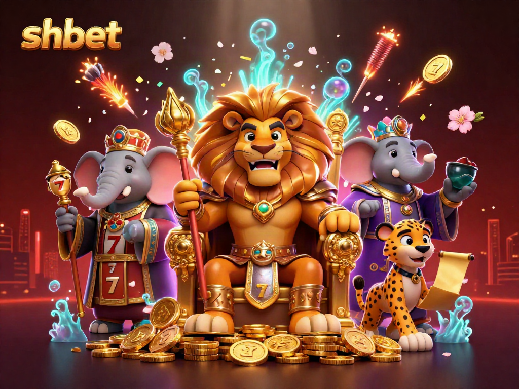 Experience the thrill of shbet with a vibrant 3D illustration showcasing an exciting casino atmosphere with regal characters.