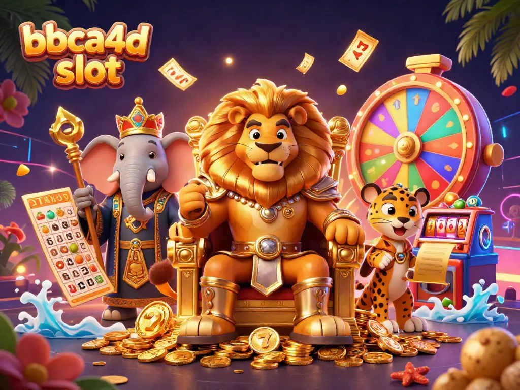 bbca4d slot menampilkan raja singa kartun dengan latar belakang kasino yang kaya