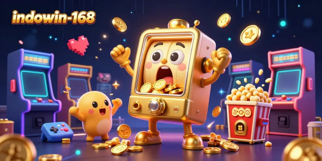 Mesin slot jackpot di indowin-168 dengan koin berkilau mengalir, memberikan kesenangan kepada pemain.
