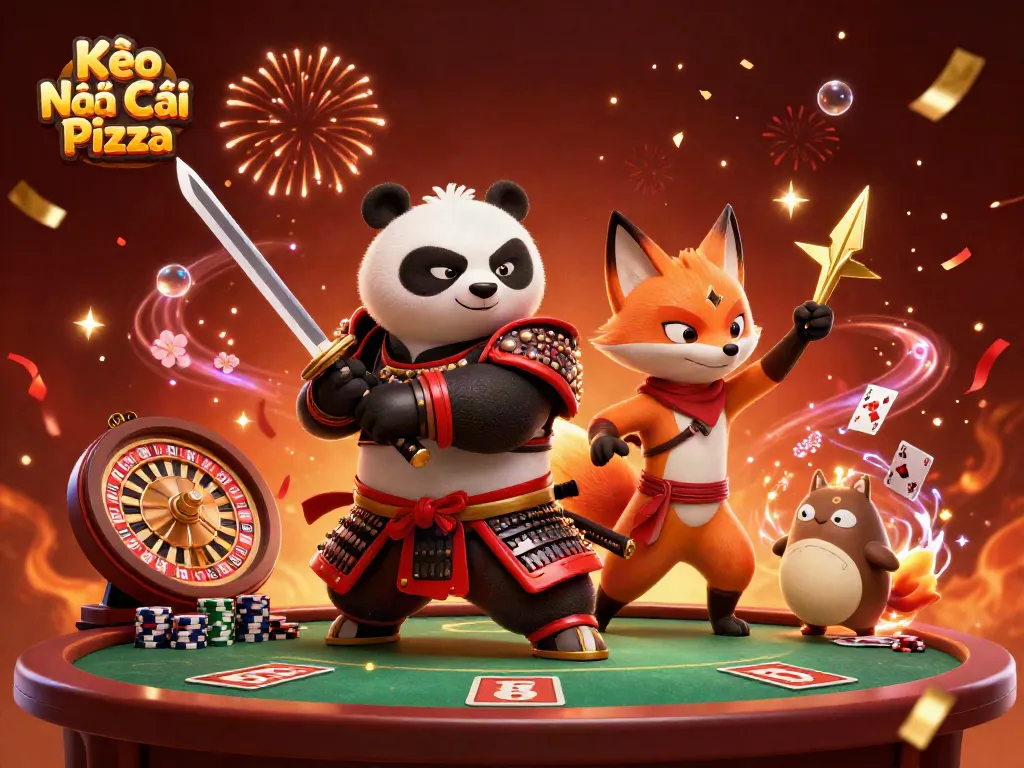 Kèo Nhà Cái Pizza illustration with a samurai panda and ninja fox surrounded by dynamic casino elements.