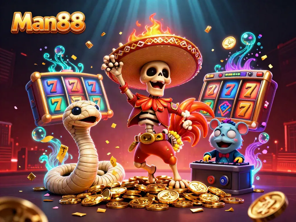 Spin towards winnings with Man88: a vibrant carnival of fun with jackpot symbols gleaming.