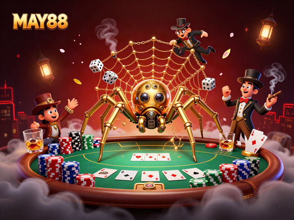 MAY88 casino illustration with a golden spider and Victorian fly gentleman in a dynamic gambling scene.
