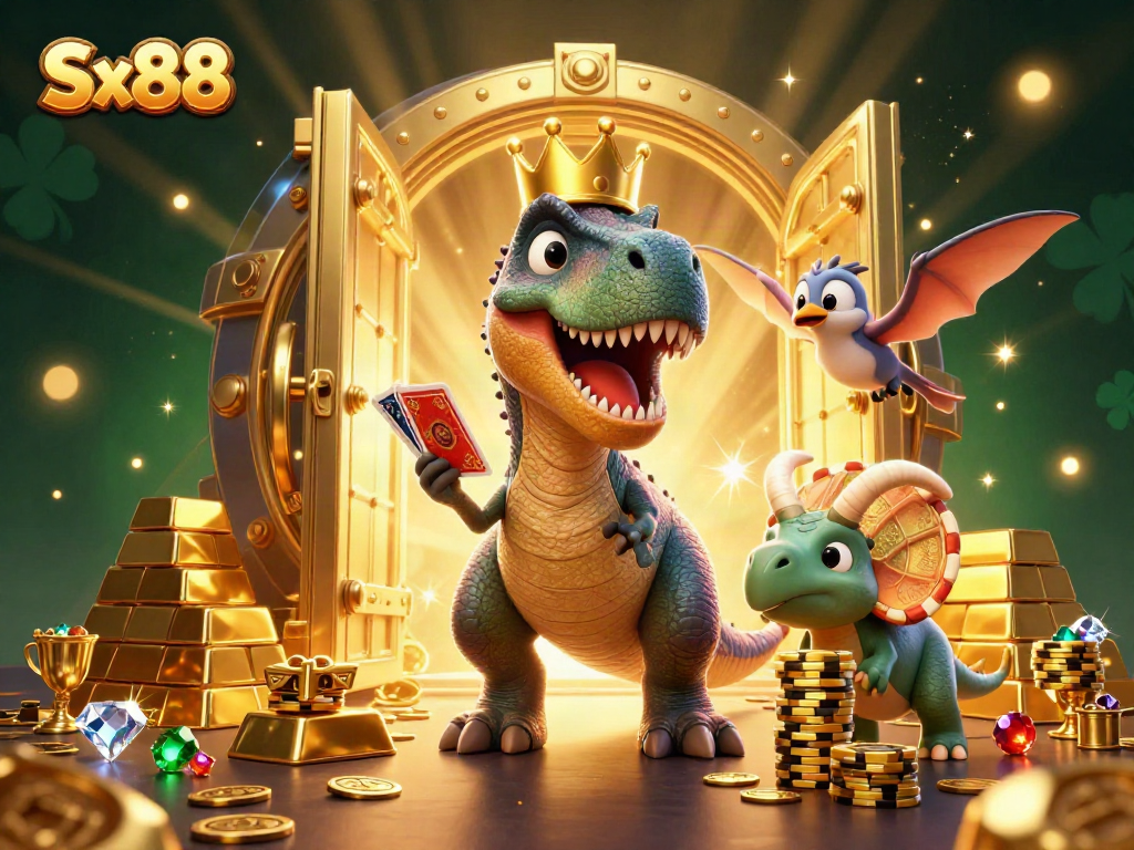 Immerse in Sx88 casino excitement with friendly T-Rex, pterodactyl, and triceratops amidst gold coins and treasures.