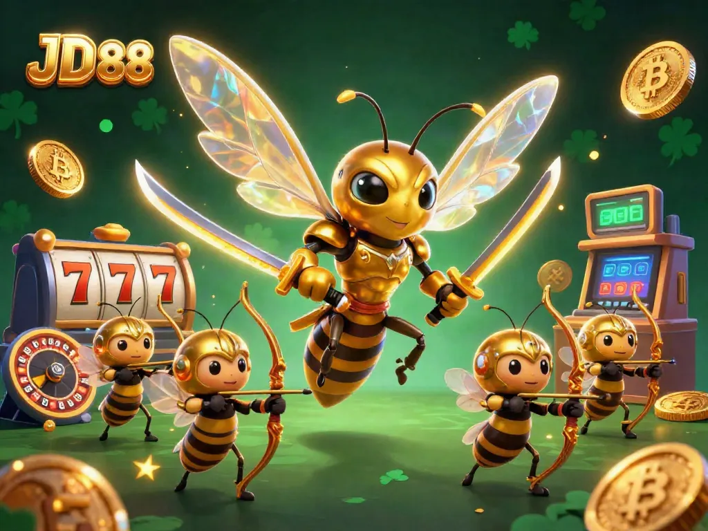Engage with JD 88 as a vibrant golden hornet leads a dynamic gaming experience filled with slots, crypto coins, and more.