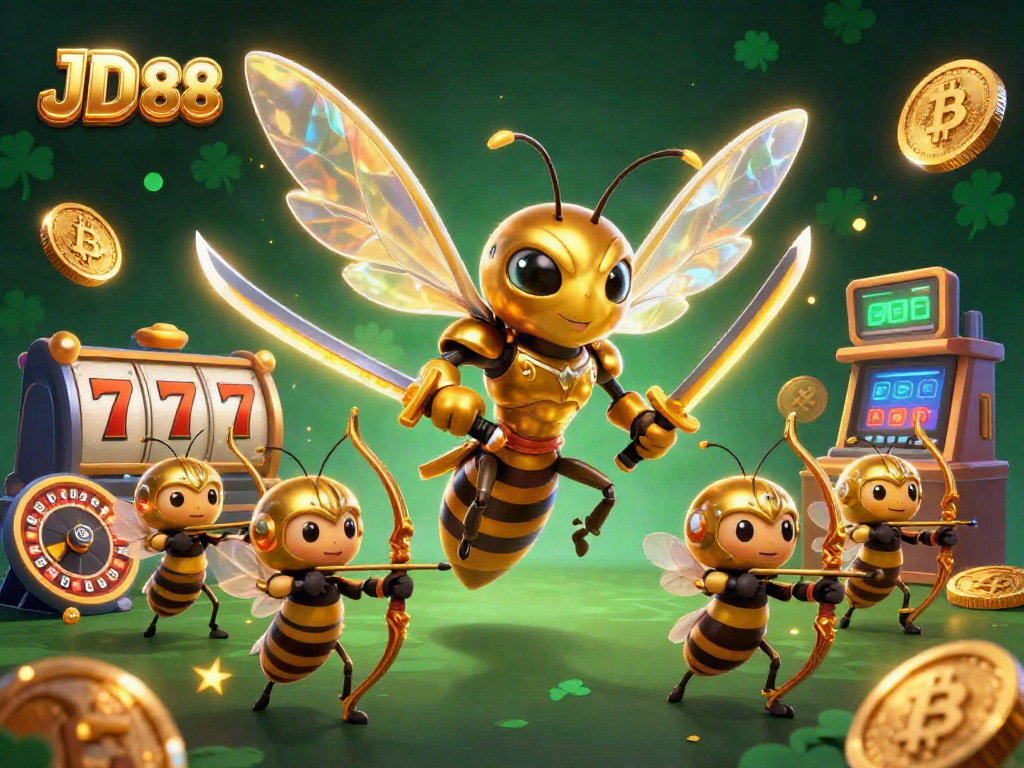 Engage with JD 88 as a vibrant golden hornet leads a dynamic gaming experience filled with slots, crypto coins, and more.
