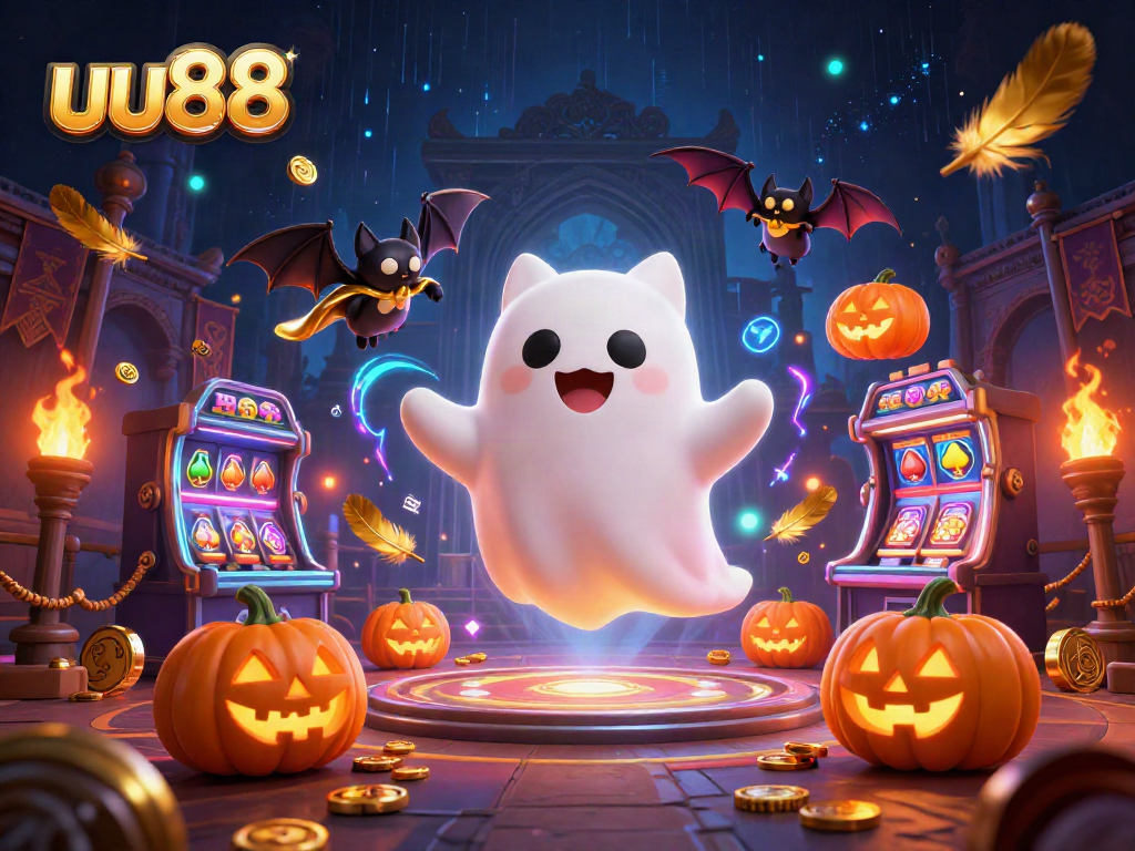 uu88 engages players with a lively casino scene featuring a playful ghost cat, vampire bat, and glowing jack-o-lanterns.