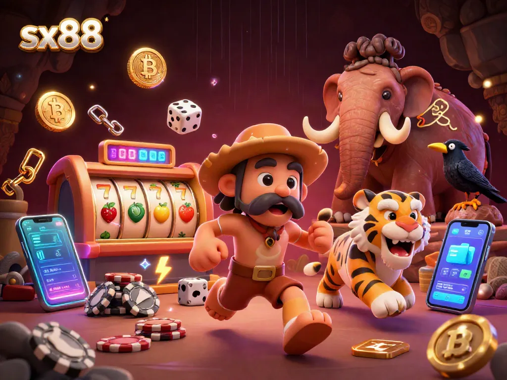 Engage with sx88's vibrant prehistoric casino scene featuring a caveman and sabertooth tiger playing with advanced tech elements.